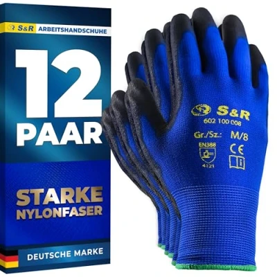 Abbildung von S&amp;R Arbeitshandschuhe 12 Paar BASIC Nylonfaser mit PU Beschichtung, Schutzhandschuhe geeignet für den privaten und gewerblichen Gebrauch (M/8)