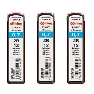 Abbildung von Rotring Tikky 0,7 mm 2B Hi Polymer starke dunkle Bleistiftminen für Druckbleistifte insgesamt 36 Minen 3 Tuben