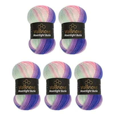 Abbildung von Wollbiene Moonlight Batik 5 x 100g Strickwolle 500 Gramm Wolle zum Stricken und Häkeln 20% türkische Farbverlaufswolle (3090 lila grün rosa)