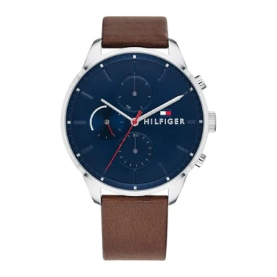 Abbildung von Tommy Hilfiger Herren Analoge Multifunktions Quarz Uhr Braunes Lederarmband, 44mm Marineblaues Zifferblatt, 3 Zeiger Werk, Wasserbeständig bis 5ATM 1791487