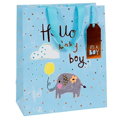 Abbildung von Glick Luxus Geschenktüte, Baby Junge Große Geschenktüte Junge, Willkommen Boy Blau, 31,5 cm hoch x 26 breit 13,5 tief