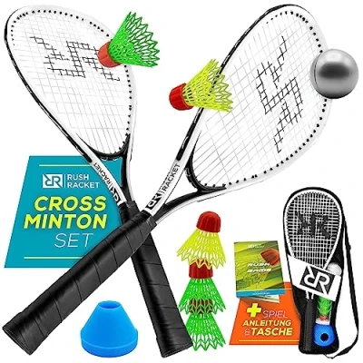 Abbildung von Rush Racket Set RS3 Speed Badminton 5 teilig (2X Schläger, 5X Federbälle, 1x Softball, 8X Feldmarkierung, Tragetasche) Crossminton Turbo Speedbadminton (White)