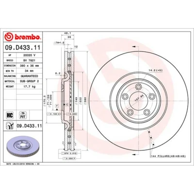 Abbildung von BREMBO 09.D433.11 Bremsscheibe 380 36 5 innenbelüftet beschichtet hochgekohlt JAGUAR: XF Saloon, Sportbrake, F Type Coupe