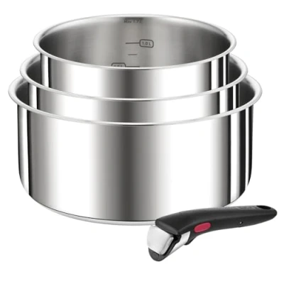 Abbildung von Tefal L898S4 Ingenio Preference 4 teiliges Kasserollenset stapelbar platzsparend hochwertiger Edelstahl induktionsgeeignet Edelstahl, Groß