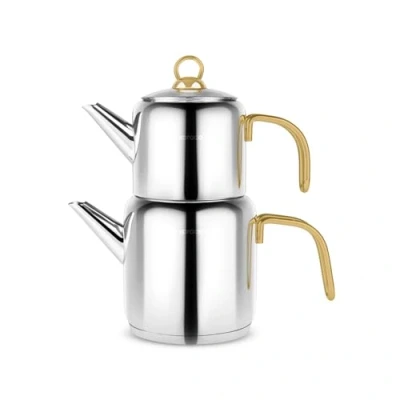 Abbildung von Karaca New Mira Gold Türkisches Teekannen Set, Induktionsgeeignet, 1L Teekanne &amp; 2L Teekessel aus Edelstahl, Spülmaschinenfest, Türkische Teekanne, Teekocher, Tea Maker, Caydanlik, Demlik