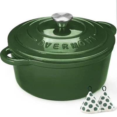 Abbildung von Overmont Bräter Emaille Gusseisen Topf Schmortopf 26cm backofengeeignet mit Deckel und Kochbuch für Küche Backen Schmoren Braten