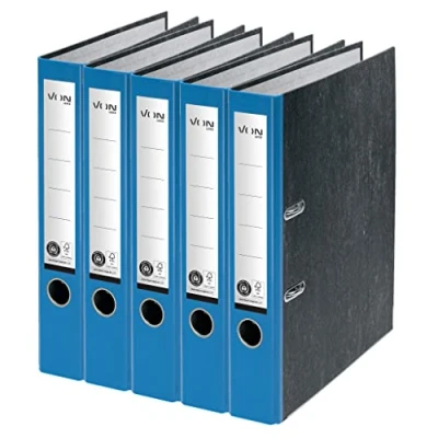 Abbildung von VON Leitz 5er Pack Ordner A4, 100 % Recyclingkarton, 50 mm Rückenbreite, Für 350 Blatt, Marmoriert, Blauer Engel &amp; FSC zertifiziert, Schule, Studium Haushalt, Blau, 10541035