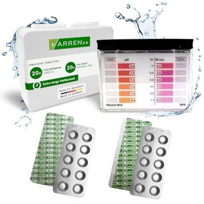 Abbildung von harren24 Pool Tester PH und Chlor inkl. 40 Testtabletten Wert (20 Phenol Red Tabletten + 20 DPD1 Tabletten), Wassertester, Pooltester, Tester, Zubehör (40)