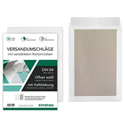 Abbildung von 10 Stück Premium Versandtaschen B4 in Weiß, mit Papprückwand, Haftklebung und Abdeckstreifen, 250 x 353 mm