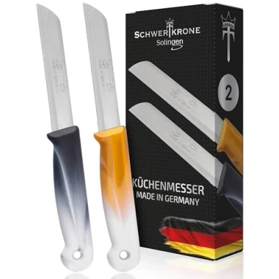 Abbildung von Schwertkrone Solingen Wellenschliff Messerset 2er Set Küchenmesser Gemüsemesser Allzweckmesser scharf 8,5 cm Klinge Bandstahl schwarz weiß/gold weiß