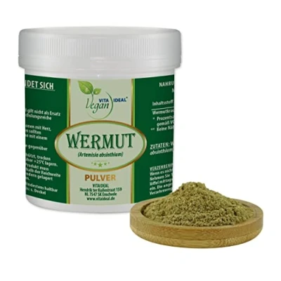 Abbildung von VITA IDEAL Vegan® WERMUT Kraut 300g PULVER Artemisia absinthium Tagesportion 540mg WERMUTKRAUT, natürlich, pflanzlich &amp; ohne Zusatzstoffe, Inklusive Messlöffel.