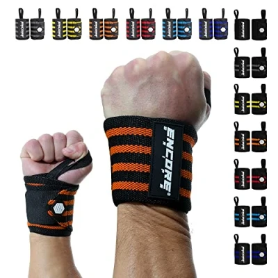 Abbildung von Encore Grips® Handgelenk Bandagen für Bodybuilding, Kraftsport, Crossfit, krafttraining Bandage, Handgelenkbandage Fitness, Handgelenkstütze, Handgelenkschoner, Wrist Wraps (Schwarz Orange V2)