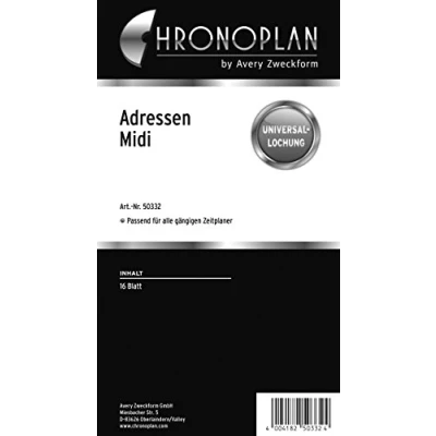 Abbildung von Chronoplan 50332 Adress Einlagen zum Nachfüllen für Terminplaner Midi (96x172 mm, 16 Adressblätter mit Universallochung, 80g/m², übersichtliche Adresssammlung von Kontaktdaten, viele Organizer)