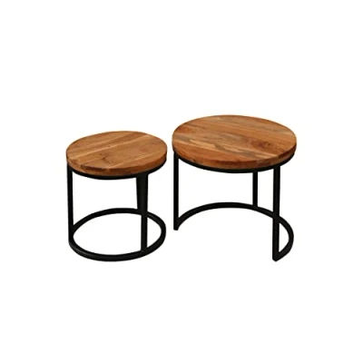 Abbildung von byLIVING Couchtisch Selma/Zweisatztisch / 2 Stück Beistelltisch/Platten massiv Akazie Natur/Gestell Metall schwarz pulverbeschichtet/B 50, H 45, T 50 cm, B 40, 40 cm