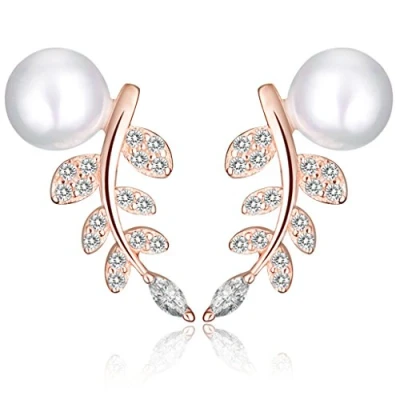 Abbildung von Yumilok Roségold 925 Sterling Silber Zirkonia Perlen Blätter Ohrstecker Ohrklemme Ohrringe Ohrschmuck Ear Cuffs für Damen Frauen Mädchen