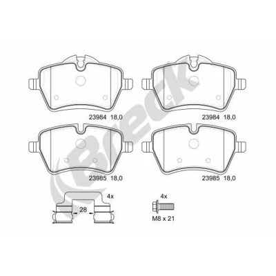 Abbildung von BRECK 23984 00 701 Bremsbelagsatz für Verschleißwarnanzeiger vorbereitet mit Zubehör MINI: Hatchback, Convertible, Countryman