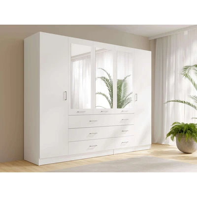 Abbildung von Home affaire Kleiderschrank »KOS Garderobe mit 6 Schubladen, Kleiderstange, 5 Einlegeböden, Spiegel«, Wäscheschrank Drehtüren, silber Griffen, Maße B/H/T 250/200/58cm