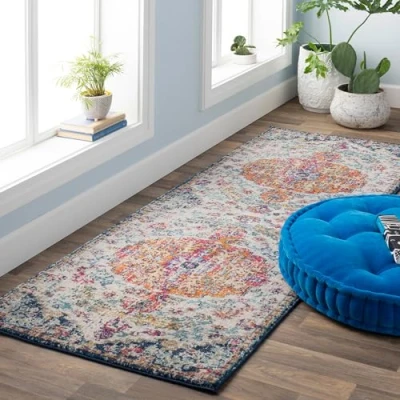 Abbildung von Surya Asmara Vintage Teppich groß Wohnzimmer 160x220cm, Esszimmer, Schlafzimmer Orientalischer Boho Style Carpet Living Room, Bunter Muster, Orange und Weinrot