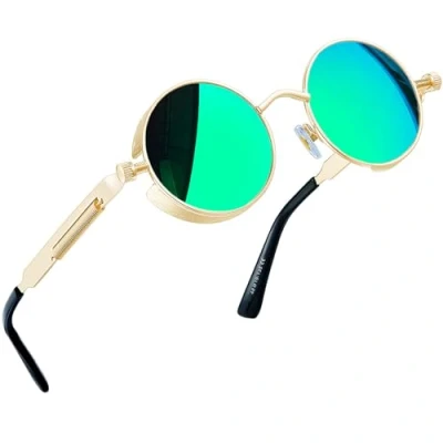 Abbildung von Joopin Retro Runde Sonnenbrille Herren Grüne Gläser Polarisierte Steampunk Brille Vintage Driving Sunglasses und Hippie Sonennbrille Damen Rund mit UV400 Schutz(Gold Grün Verspiegelt)