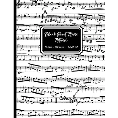 Abbildung von Blank Sheet music Notebook: Black and White Musical Notes cover, 12 stave staff paper, 100 pages, A4 8.5x11 inch Manuscript Paper Musicians Notebook for composing &amp; writing notation