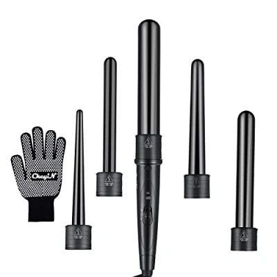 Abbildung von CkeyiN Lockenstab,Lockenstab Set 5 in 1 Multifunktions Austauschbare Keramikbeschichtung Curling Iron Lockenwickler Kit, mit einem Handschuh, Schwarz
