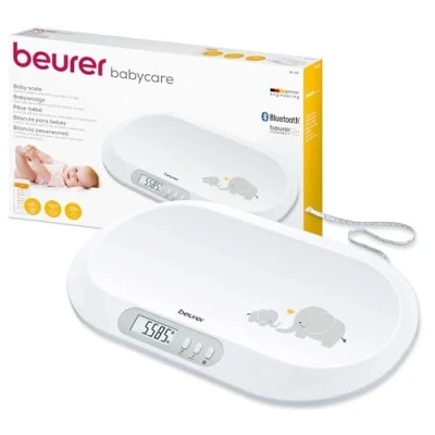 Abbildung von Beurer BY 90 Babywaage mit kostenloser App (iOS + Android) integriertes Maßband, 20 kg Tragkraft und Hold Funktion für stramplende Babys