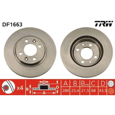 Abbildung von TRW DF1663 Bremsscheibe 280 23,4 4 108 Belüftet lackiert mit Schrauben SAAB: 9000 Hatchback