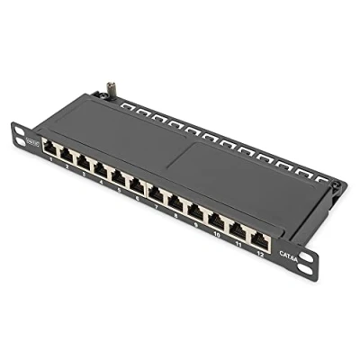 Abbildung von DIGITUS Cat 6A Patchpanel 12 Ports RJ45 Buchsen 10 Zoll Rack Mount 0.5HE LSA Verteilerfeld Geschirmt Schwarz