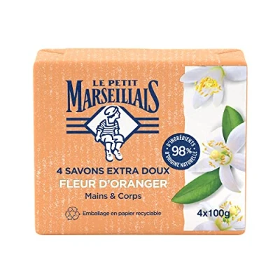 Abbildung von Le Petit Marseillais Extra milde Orangenblüte Seife (4 x 100 g) feste Hand &amp; Körperseife mit 98% natürlichen Inhaltsstoffen Verpackung aus recycelbarem Papier