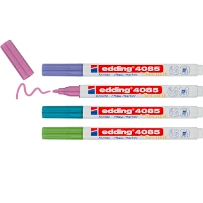 Abbildung von edding 4085 Kreidemarker grün, blau, violett, pink (metallic) 4 Kreidestifte Rundspitze 1 2mm Kreidestift für Tafel abwischbar Fenster, Glas, Spiegel Tafelstifte mit deckenden Farben