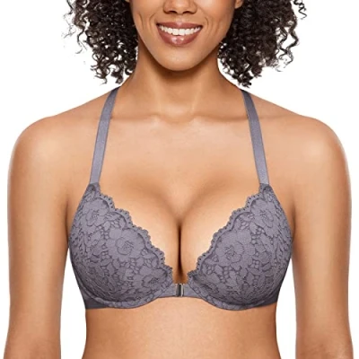 Abbildung von DOBREVA Damen Vorderverschluss BH mit Bügel Push Up Spitzen Neckholder BHS Racerback Tiefer Ausschnitt Gepolsterter graues Eisen 70AA