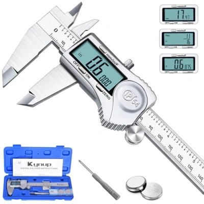 Abbildung von Kynup Digital Messschieber, Schieblehre Messwerkzeuge 150mm/6 Zoll Edelstahl IP54 Spritzwasserdicht Staubdicht Schutzdesign, LCD Display für Haushalt und Industrie Messung Messlehre