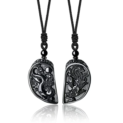Abbildung von COAI Geschenkideen Glückskette aus Obsidian Drachen und Phönix Gravur Anhänger EIN Paar Partner Ketten
