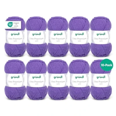 Abbildung von Gründl Lisa Premium Uni Strick &amp; Häkelgarn (weicher und wollartiger Charakter, pflegeleichtes waschbares Strickgarn aus 100% Polyacryl, 50 g/ 133 m, Nadelstärke: 3,5 4,5, 10 Knäuel á g), Lila 43