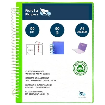 Abbildung von RAYLU PAPER Sortiermappe mit Ringen A4 Klarsichthüllen 90 Mikron und Umschlag Klettverschluss, personalisierbarer Deckel, 100% biologisch abbaubar (50 Hüllen, grün)