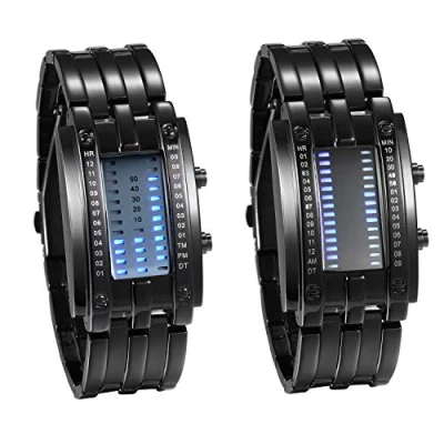 Abbildung von JewelryWe 2pcs Paar Uhren Digitaluhr Schwarz Edelstahl Binäre Uhr Rechteck Bezel LED Sportuhr Blau Licht Kalender Mode Cool Partner Armbanduhr für Herren Damen