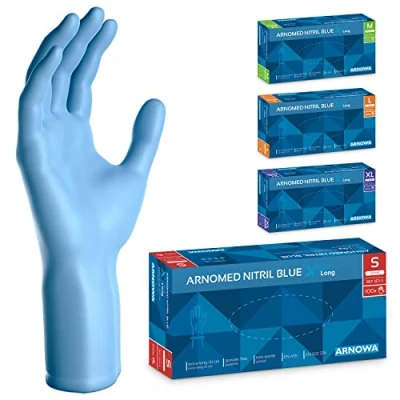 Abbildung von ARNOMED Einweghandschuhe Blau Extra Lang, 30cm Lange Einmalhandschuhe in S, Nitrilhandschuhe Einweg Dick, 100 Stk/Box, Gummihandschuhe Lang Einweg, Langer Schaft M, L &amp; XL
