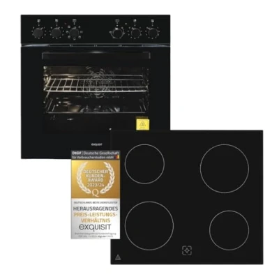 Abbildung von Exquisit Einbauherd Set Backofen EHE10256 U 020 schwarz Energieeffizienzklasse A 59 l Garraum Grill Umluft Glaskeramikkochfeld rahmenlos Einbaubackofen 60 cm