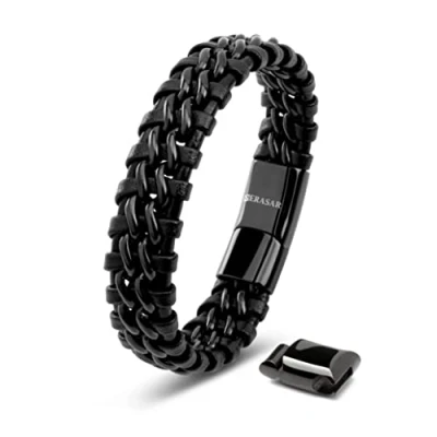 Abbildung von SERASAR Edelstahl Armband Herren 17cm Schwarz Männer Leder Armreif Herrenarmreif Armschmuck Schmuck Wickelarmband Kette Armbändchen Men Leather Bracelet Gift