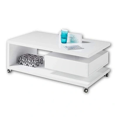 Abbildung von Stella Trading MILAN Moderner Couchtisch auf Rollen in Hochglanz weiß mobiler Sofatisch mit Ablage &amp; Schublade für Ihren Wohnbereich 110 x 41 60 cm (B/H/T)