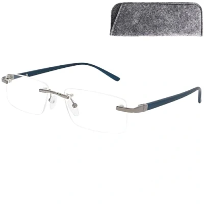 Abbildung von Mini Brille Randlose Lesebrille mit rechteckigen Gläsern Gratis Etui, Edelstahl Rahmen (Blau), Lesehilfe Herren und Damen +2.5 Dioptrien