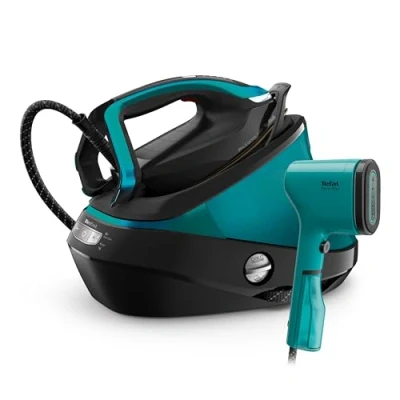 Abbildung von Tefal GV9822.DT2024 Pro Express Vision Dampfbügelstation + gratis Pure Pop Dampfbürste Smart LED 0 180 g/Min. Dampfmenge 750 Dampfstoß abnehmbarer Kalk Kollektor Schwarz/Blau