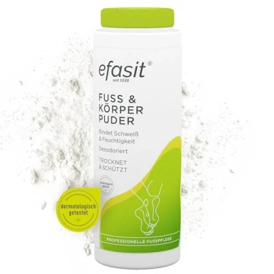 Abbildung von efasit Fuß &amp; Körper Puder Fußpuder gegen Schweißfüße und andere Körperstellen, Fusspuder Körperpuder bindet Feuchtigkeit, schützt die Haut desodoriert, 100 g