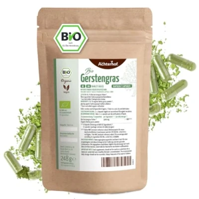 Abbildung von Gerstengras Kapseln Bio Nachfüllpack 400 Stück fein gemahlenes im Kapsel Format aus kontrolliert biologischem Anbau ohne Zusätze vegane Kapselhülle vom Achterhof