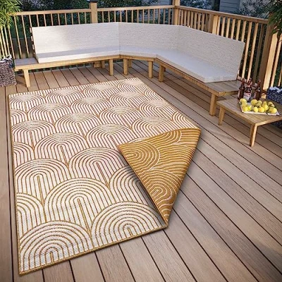 Abbildung von Hanse Home Pangli Outdoor Teppich Wetterfest Wendeteppich Skandinavischer Boho Style Wasserfest Einfarbig Geometrisch 3D Effekt für Garten, Balkon, Terrasse, Wohnzimmer Ocker, 80x150cm