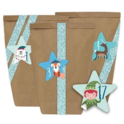 Abbildung von Papierdrachen Adventskalender zum Befüllen 24 Papiertüten mit Aufklebern (Größe Form]) und Glitzer Washi Tape in hellblau Mini Set Nr. 39 Weihnachten