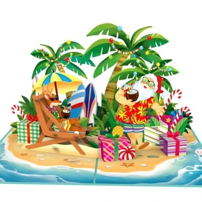 Abbildung von papercrush® Pop Up Karte Weihnachten „Weihnachtsmann am Strand“ Lustige 3D Weihnachtskarte für Männer (Freund, Papa, Ehemann, Sohn) Witziges Geldgeschenk oder Gutschein Weihnachtsurlaub