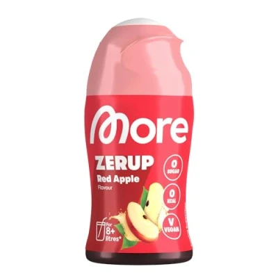 Abbildung von MORE Zerup, Red Apple, 65 ml, für bis zu 8 l Fertiggetränk, zuckerfreier Sirup mit echten Fruchtextrakten, vegan, zero Kalorien made in Germany