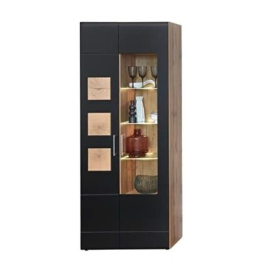 Abbildung von Stella Trading SONATE Vitrine in Eiche Altholz Optik, Schwarz Moderne mit Türen und LED Beleuchtung 80 x 208 37 cm (B/H/T)