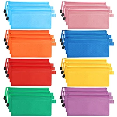 Abbildung von Belle Vous 24Stk Plastik Zipper Beutel Netz Wasserdichte Dokumententasche (8 Farben) mit Reißverschluss, Tasche für Reiseunterlagen, Kosmetik, Schule/Büro Zubehör, Stifte, Belege